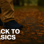 Adidas walking shoes stepping forward on a leafy autumn path, symbolising small steps toward health and renewal