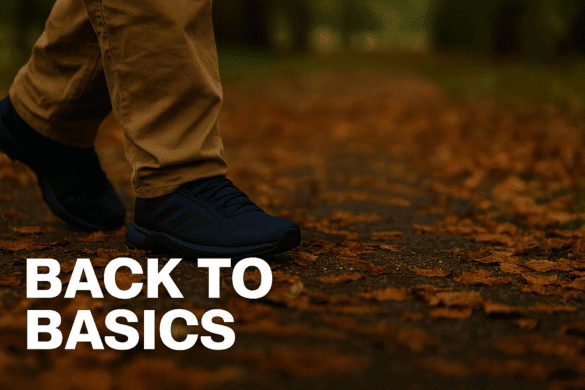 Adidas walking shoes stepping forward on a leafy autumn path, symbolising small steps toward health and renewal