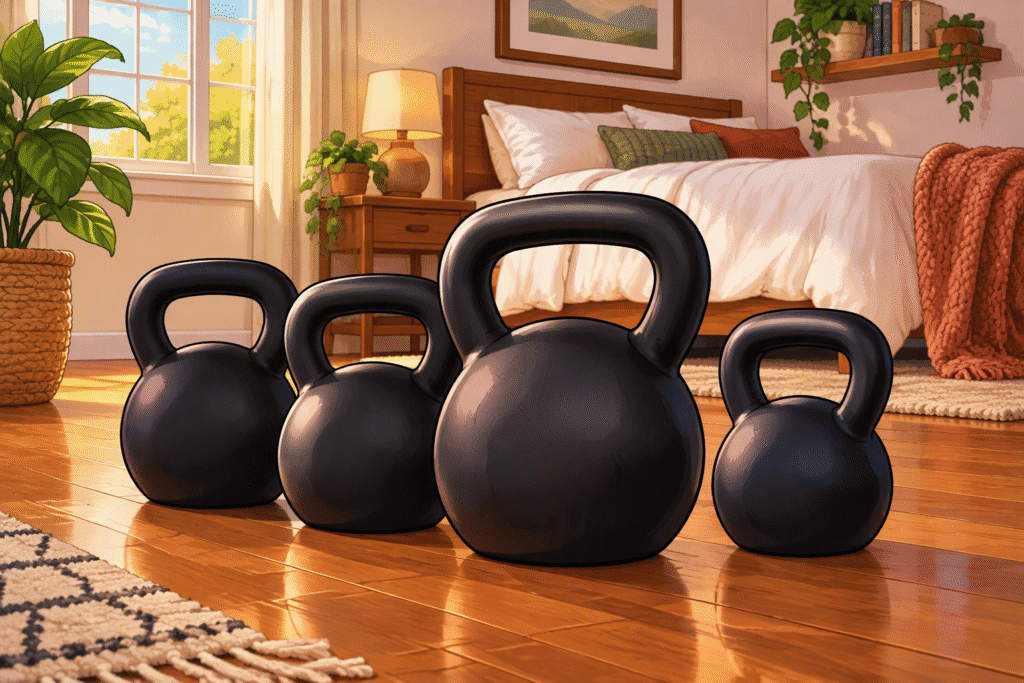 Black kettlebells on a wooden bedroom floor