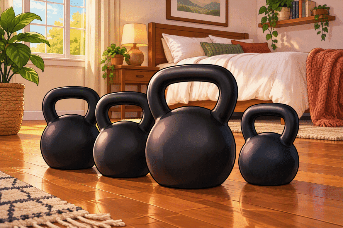 Black kettlebells on a wooden bedroom floor