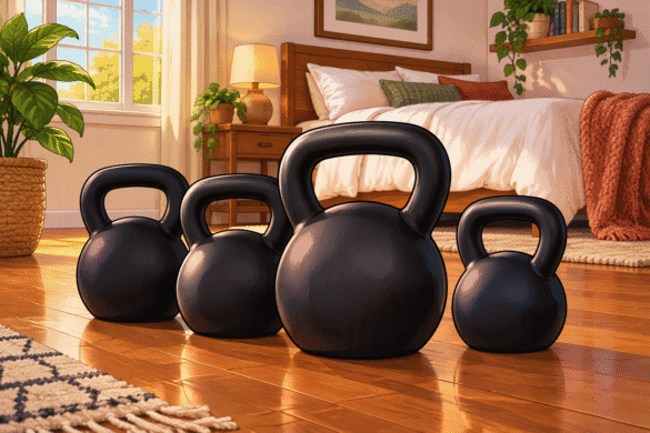 Black kettlebells on a wooden bedroom floor